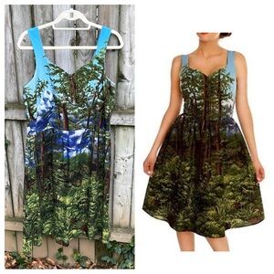 Retrolicious Scenic Forest Midi Dress - Blue & Green